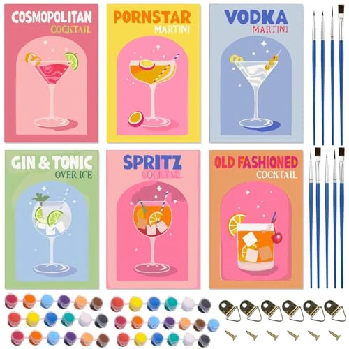DAZZTIME Dipingere con i Numeri,6 Pezzi Quadri da Dipingere Numerati 20X30cm,Paint by Numbers Cocktail,con Pennelli e Colori Acrilici,per kit di Pittura per Principianti su Tela Colorata
