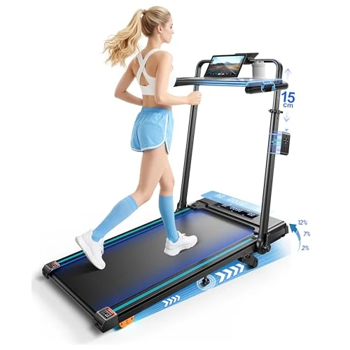 Tapis Roulant Elettrico Piehevole, 6 IN 1 Tapis Roulant Salvaspazio 1-12km/h con Inclinazione 12%, 3,0 HP, Maniglia Telescopica da 15 cm e Cintura Luminosa RGB, Carico Massimo 150 kg