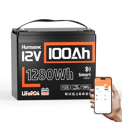 Offerta a tempo: Humsienk Batteria al Litio 12V 100Ah LiFePO4 con Bluetooth, BMS 100A Integrato e Protezione a Bassa Temperatura, 15.000+ Cicli Profondi, 1280Wh Energia per Camper, Barca, Sistemi solare, Off-Grid - 5% da 199.99 € a 189.99 €