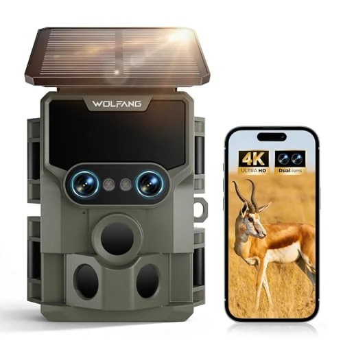 Offerta a tempo: WOLFANG Fototrappola Solare 64MP 4K 30fps, Doppia Lente Wi-fi Bluetooth Fotocamera Caccia con Visione Votturna Stellata, 5000mAh Angolo di Rilevamento 120° Impermeabile IP66 - 22% da 89.99 € a 69.99 €