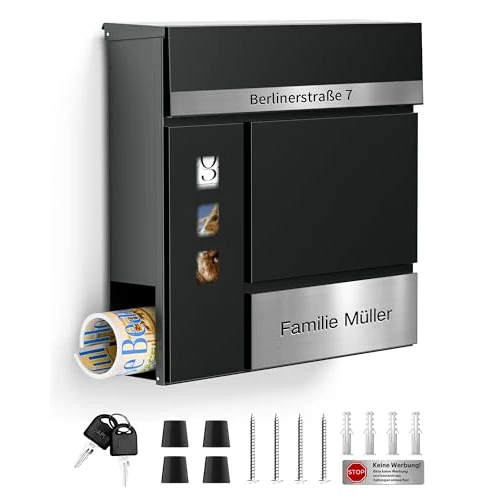 Cassetta delle lettere antracite con incisione, personalizzabile, 2 in 1, in acciaio inox, targhetta con nome e numero civico, con scomparto per giornali e serratura (2 chiavi)