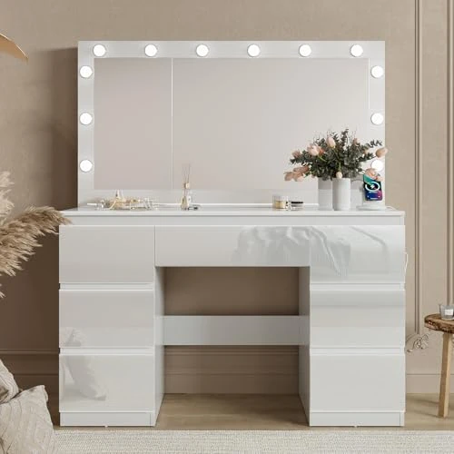 Offerta a tempo: TRIUMPHKEY Bianco Lucido Toeletta Trucco con LED e Prese,Postazione Trucco con Grande Specchio,120 x 40 x 140 cm,Tavolo da Trucco con 7 Cassetti e Armadio per Gioielli - 35% da 279.00 € a 179.99 €
