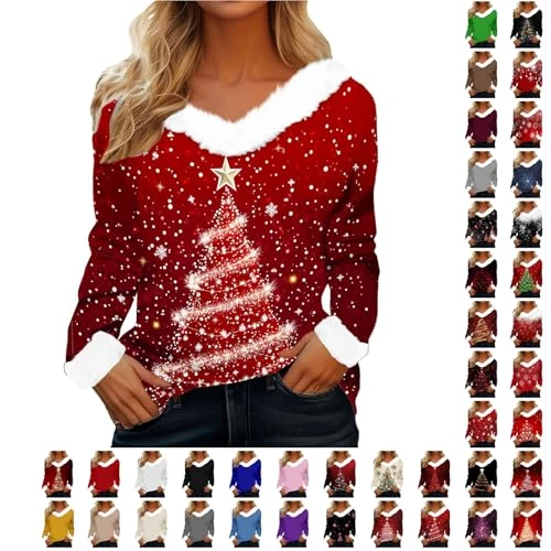 DUHGBNE Suéter navideño para mujer, de forro polar, suave, con impresión divertida, sin capucha, camiseta festiva de manga larga para Navidad, regalo perfecto, #Af-brick Rojo, M