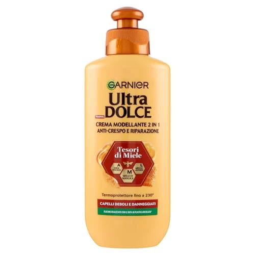 Offerta a tempo: Garnier Crema Modellante 2 in 1, Anti-Crespo e Riparazione, Per Capelli Deboli e Danneggiati, Termoprotettore Fino a 230°, Con Miele di Manuka, Acacia e Lavanda, Ultra Dolce Tesori di Miele, 200 ml - 40% da 3.99 € a 2.39 €