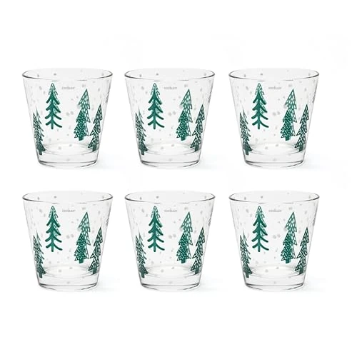 Excelsa Green Winter Waterglazen, set van 6 stuks, glas met dennendecoratie, 250 ml, 8,5 x 9 cm