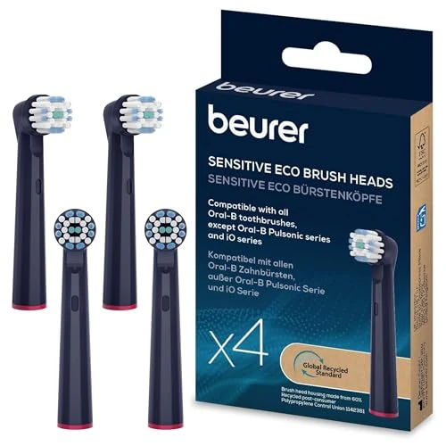 Beurer TB Sensitive Eco Electric Toothbrush Heads 4 Toothbrush Heads for Oral-B - Bristles Made from 100% Renewable Raw Materials, Gentle Teeth Cleaning, Hardness: Soft