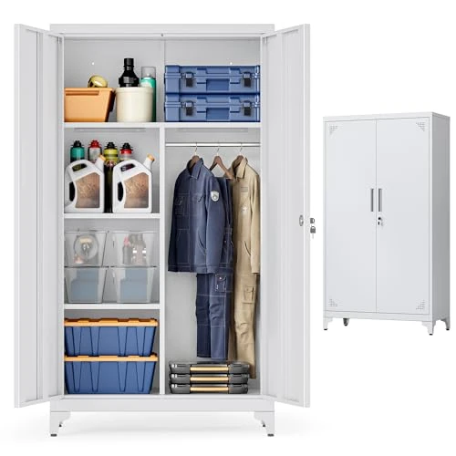 Offerta a tempo: SONGMICS Armadio Multiuso, Guardaroba, Mobile da Ufficio in Metallo, con 2 Ante, 5 Scomparti, Barra Appendiabiti, Chiusura a Chiave, Piedini Alti, 80 x 40 x 165 cm, Grigio Opaco OMC018GJ01 - 21% da 179.99 € a 142.49 €