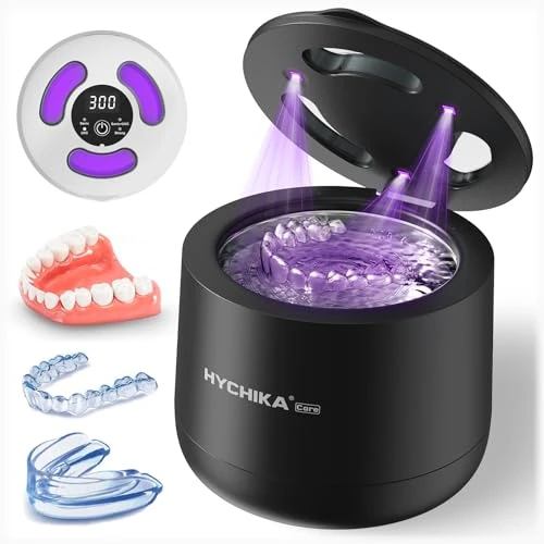 Appareil de nettoyage à ultrasons avec stérilisation UV, haute fréquence 45kHz,4 modes de nettoyage UV, réservoir de nettoyage des dents de 200ml, réteneur,rails de nuit,aligneurs,etc.Noir