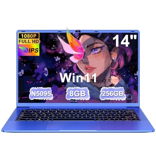PC portátil 14 pulgadas Win11 Notebook Celeron N5095 Upto 2,9 GHz Notebook 8 GB RAM 256 GB SSD TF 1TB LPDDR4 5G WiFi 1920 x 1080 FHD USB 3.0 Laptop QWERTY teclado película italiana-violeta cuerpo de