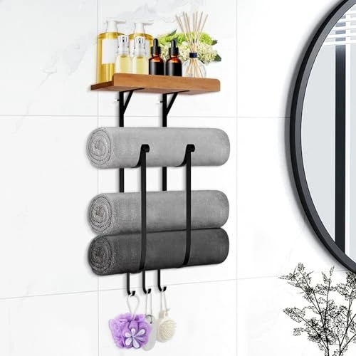 Offerta a tempo: TIE-DailyNec 2 livelli Portasciugamani per Bagno, Porta Asciugamani da Parete, Portasciugamani da Appendere Alla Porta con Mensola Galleggiante in Legno, Organizer da Bagno con 3 Ganci per Bagno - 0.00% da 8.99 € a 8.99 €