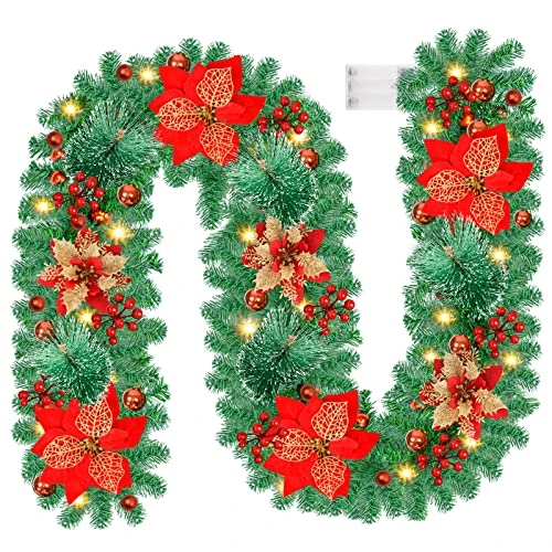 Nexalite Christmas Tree Garland: 2.7m/9ft Outdoor Christmas Garland, Christmas Decorations with 30 LEDs for Stairs, Fireplace, Entrance Door Christmas Decoration