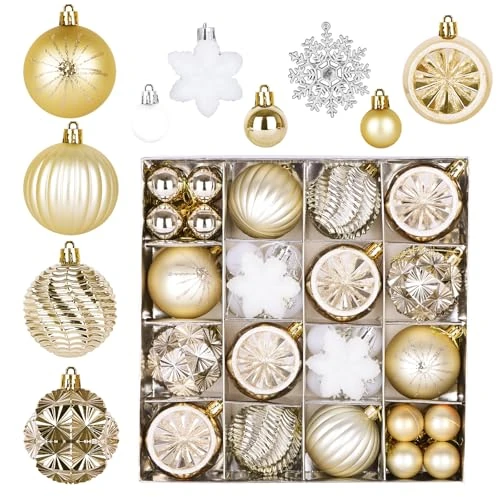 Nexalite 40 Pieces Christmas Baubles, Plastic Christmas Tree Decorations Small & Large, 10 Styles of Christmas Balls for Decorations, Christmas Tree Hanging for Parties (Gold)