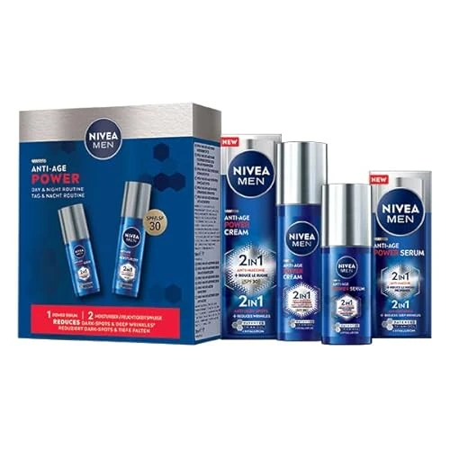 NIVEA MEN Anti-Age Power Rutyna na dzień i noc, zestaw do pielęgnacji skóry z serum do twarzy dla mężczyzn Anti-Age Power Serum 30 ml i krem do twarzy dla mężczyzn Anti-Age Power Cream 2w1 SPF30 50 ml