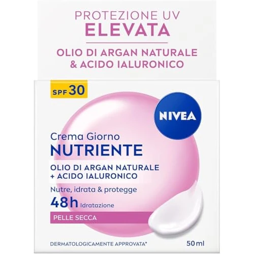 Offerta a tempo: NIVEA Crema Giorno Nutriente SPF 30 50 ml, Crema idratante viso con Olio di Argan e Acido Ialuronico per 48h di idratazione intensa, Skincare con elevata protezione UVA/UVB SPF30 per pelle secca - 43% da 5.99 € a 3.44 €