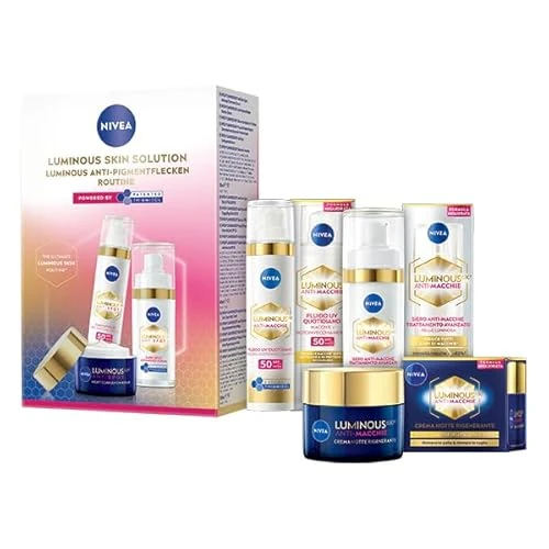 NIVEA Luminous630 Skin Solution, kompletny zestaw do pielęgnacji twarzy z serum przeciw plamom zaawansowany środek do pielęgnacji 30 ml, płyn UV codziennie krem do twarzy SPF 50 40 ml i regenerujący