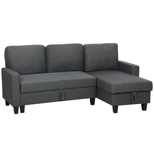 Offre limitée : HOMCOM Canapé-lit 3 Places avec Chaise Longue Convertible, canapé d'angle avec Espace de Rangement, Coussins Amovibles en Tissu Effet Lin, pour Le Salon, 197x129x85 cm, Gris foncé de 603.95 € à 603.95 € (0.00% de remise)