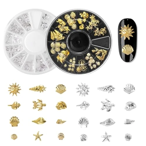 xiluuyou Set di Decorazioni per Unghie 3D, Conchiglie e Stelle Marine in Oro e Argento, Decorazioni Metalliche per Nail Art