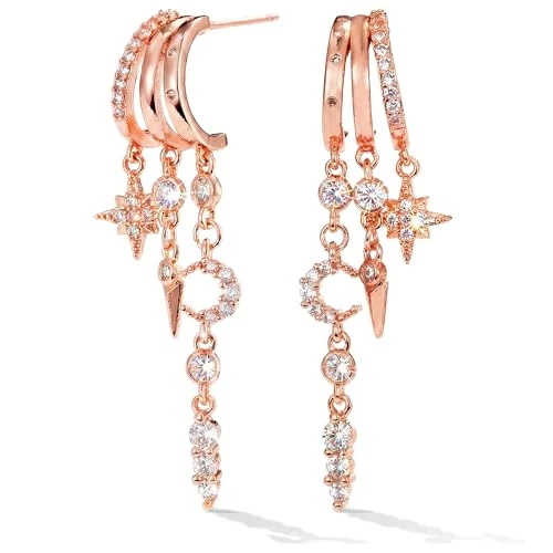 Offerta a tempo: MUMREUES Orecchini Donna 14K Oro Rosa Placcato orecchini a catena con frangia Zircone Cerchio Pendenti Stelle e Luna Ipoallergenici Gioielli Da Donna Earrings Regali Di Compleanno - 40% da 9.99 € a 5.99 €