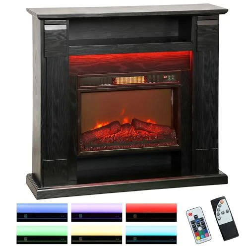 HOMCOM Cheminée électrique avec cadre à effet de flamme 3D réaliste 3 modes, cheminée électrique encastrable 1800W avec éclairage LED et chauffage réglable, 2 télécommandes, thermostat et minuterie,