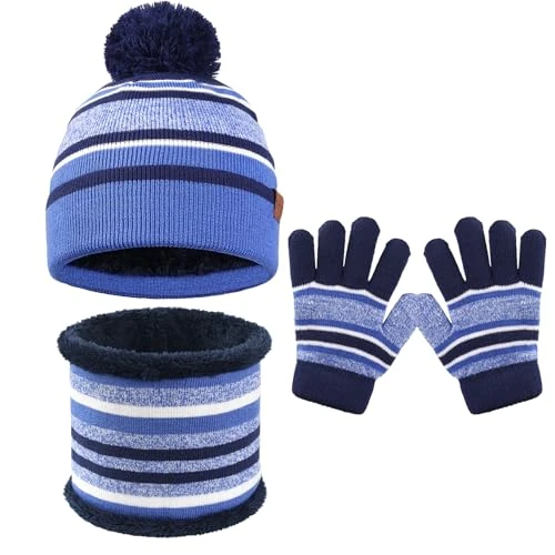 GWAWG 3-delige set bestaande uit muts en sjaal voor kinderen, winterse pom pom muts, sjaal, handschoenen set voor jongens en meisjes, warme gebreide beanie mutsen, snood en handschoenen voor kinderen