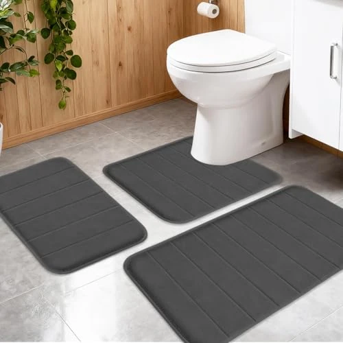 Offerta a tempo: Set di 3 tappetini da bagno con retro antiscivolo, morbidi tappetini da doccia, lavabili e ad asciugatura rapida, per doccia, WC e bagno, 50 x 80 + a forma di U 50 x 60 + 40 x 60 cm, grigio scuro - 50% da 23.99 € a 11.99 €