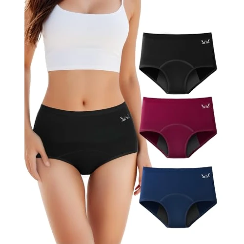 Offre limitée : TANSTC Culotte Menstruelle Coton, Absorbe 60Ml De Volume Menstruel Important, sous Vetement 4 Couches Anti-Fuite pour Regle, Culotte Menstruelle Taille Haute (S Lot 3), Noir/Bleu Marine/Rouge de 24.99 € à 23.99 € (4% de remise)