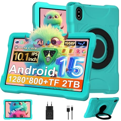 Tablet 10 Zoll Android 15 mit 30 GB RAM + TF 2 TB, Octa-Core 2.0 GHz, GMS/Gemini AI/Widevine L1, 5G WiFi/Bluetooth 5.0, 1080 x 800/5 MP + 8 MP, Newest Tablet für Kinder mit EVA-Hülle, Halterung um 360