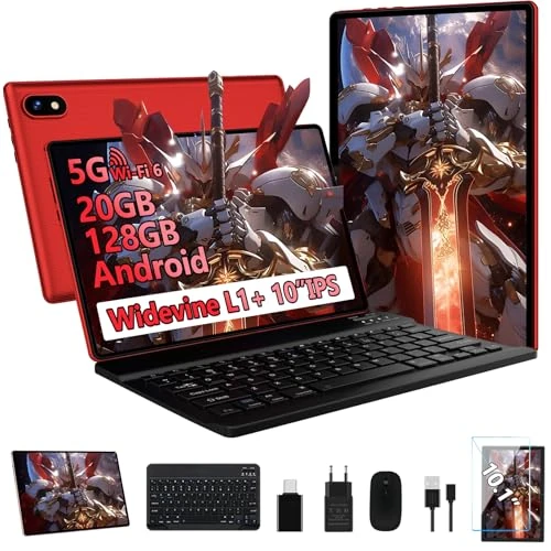 Tablet 10 Zoll Android mit 20 GB RAM + 128 GB ROM (TF/2TB), 5G WiFi 6, Octa-Core, GMS, Bluetooth 5.0, 5 MP + 8 MP, 1280 x 800 FHD IPS, Widevine L1, 2025 Newest Tablet 2 in 1 mit Tastatur und Maus
