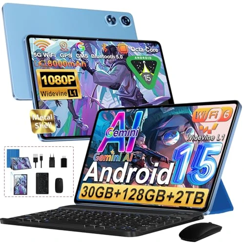 Offerta a tempo: Tablet 10 Pollici Android 15 Con Octa-Core 2.0GHz, 30GB RAM 128GB ROM(TF 2TB Espandibile), Gemini AI tablet, 8000mAh, WIFI 5G/ GPS/Face ID/BT5.0/ Face ID/ Widevine L1, Tablets con Tastiera e Mouse-Blu - 0% da 99.99 € a 99.99 €