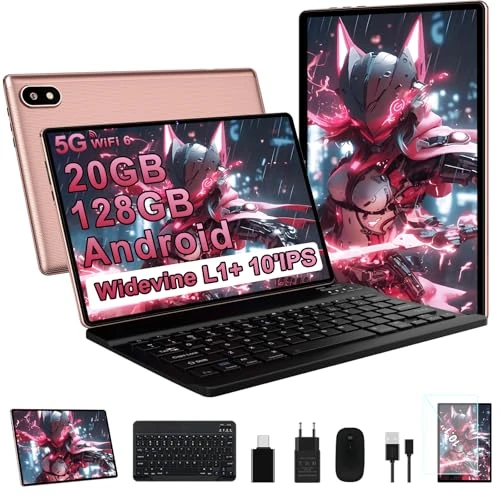 Tablet 10 Zoll Android mit 20 GB RAM + 128 GB ROM (TF 2 TB), 5G WiFi 6, Octa-Core, 2,0 GHz, GMS, Bluetooth 5, 5 MP + 8 MP, 1280 x 800 FHD IPS, 2025 Newest Tablet Widevine L1 mit Tastatur und Maus