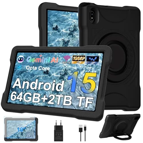 Tablet 10 Pollici Android 15 con 30GB RAM+TF 2TB, Octa-Core 2.0 Ghz, Gemini AI/Widevine L1, 5G WiFi/Bluetooth 5.0,1080*800/5MP+8MP, 2026 Newest Tablet Bambini con Caso EVA+Staffa girevole a 360°-Nero