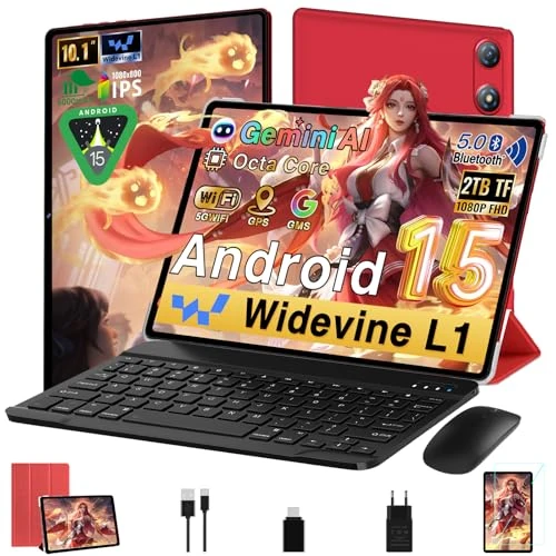 Offerta a tempo: 2026 Newest Tablet 10 Pollici Tablet Android 15 con Gemini AI, 64GB ROM + 2TB TF, Octa-Core, 1280*800 FHD IPS, WiFi,Widevine L1, 5MP + 8MP, Bluetooth 5.0, Tastiera, Mouse, Custodia Protettiva - Rosso - 0% da 89.99 € a 89.99 €