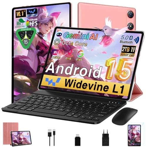 2026 Newest Tablet 10 Zoll Android 15 Gemini AI, 64 GB ROM + 2 TB TF, Octa-Core, 1280 x 800 FHD IPS, WLAN, Widevine L1, 5 MP + 8 MP, Bluetooth 5.0, Tablet mit Tastatur, Maus, Schutzhülle, Roségold