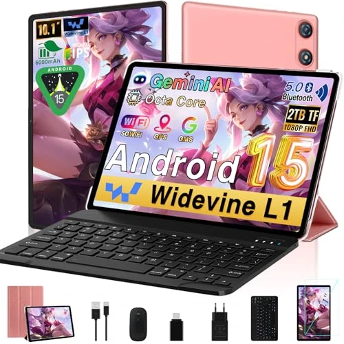 UJJ 2025 Newest Tablet 10 Zoll Android 15 |30 GB RAM + 64 GB ROM (TF/2TB)|5G WiFi 6|Octa-Core| 5MP + 8MP|1280 x 800 FHD| GMS|Bluetooth 5.0| Dual-Kamera | Tablet 2-in-1 mit Tastatur und Maus, Rosa