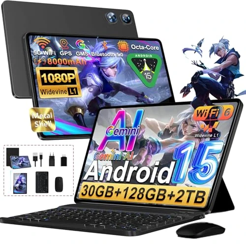Offerta a tempo: Android 15 Tablet 10 Pollici Con Octa-Core 2.0GHz, 30GB RAM 128GB ROM(TF 2TB Espandibile), Gemini AI tablet, 8000mAh, Widevine L1/ WIFI 5G/ GPS/Face ID/BT5.0/ Face ID,Tablets con Tastiera e Mouse-Nero - 63% da 299.99 € a 109.99 €