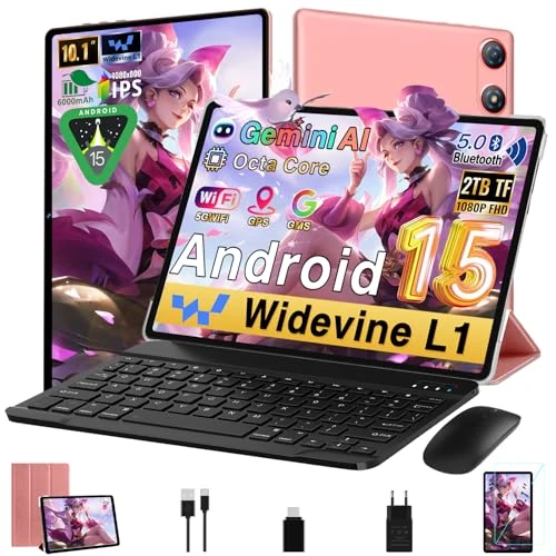 Offerta a tempo: 2026 Tablet Android 15 10 Pollici con 64GB ROM +2TB TF, 5G WiFi 6, Octa-Core, GMS, Bluetooth 5.0, 5MP+8MP, 1280*800 FHD IPS, GMS Certificazione, Widevine L1, Tablet 2 in 1 con Tastiera e Mouse - Rosa - 50% da 199.99 € a 99.99 €