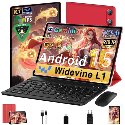 2025 Newest Tablet 10 Zoll Android 15 |30 GB RAM + 64 GB ROM (TF/2 TB)|5G WiFi 6|Octa-Core| 5MP + 8MP| GMS|Bluetooth 5.0|1280 x 800 FHD|Dual-Kameras|2-in-1-Tablet mit Tastatur und Maus, Rot