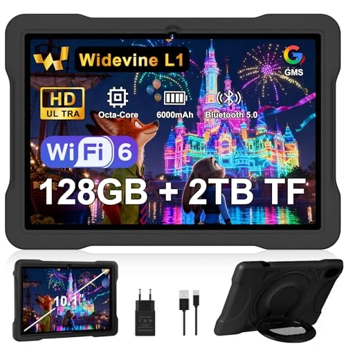 Tablet 10 Zoll Android mit 5G + 2.4G WiFi 6, 20 GB RAM + 128 GB ROM (TF/2TB), Lernsoftware (iWAWA), Octa-Core, 1080 x 800 FHD IPS, 5 MP + 5 MP, Bluetooth 5, 2025 Newest Tablet mit EVA, Schwarz