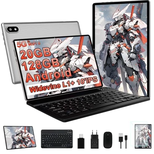 Tablet 10 Zoll Android mit 20 GB RAM + 128 GB ROM (TF 2 TB), 5G WiFi 6, Octa-Core, 2,0 GHz, GMS, Bluetooth 5, 5 MP + 8 MP, 1280 x 800 FHD IPS, 2025 Newest Tablet Widevine L1 mit Tastatur und Maus