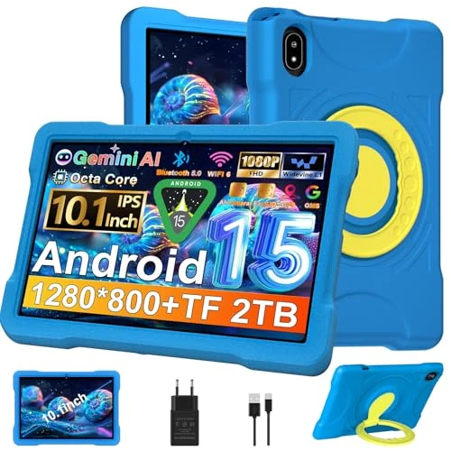 Tablet 10 Pollici Android 15 con 30GB RAM+TF 2TB, Gemini AI/Widevine L1,Octa-Core 2.0 Ghz, 5G WiFi,1080*800/5MP+8MP/Bluetooth 5.0, Newest Tablet con Custodia EVA antiurto + Staffa girevole a 360°-Blu