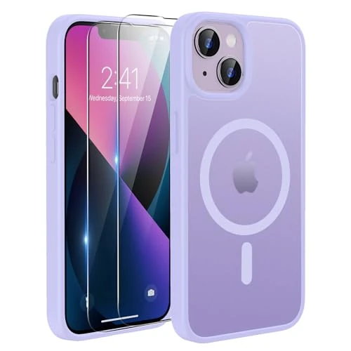Offre limitée : TQIAHF Magnétique Coque pour iPhone 13 / iPhone 14 Étui avec 2 Verre Trempé Compatible avec MagSafe Militaire Antichoc Translucide Mate Housse Etui Protection,Violet de 11.99 € à 11.99 € (0.00% de remise)