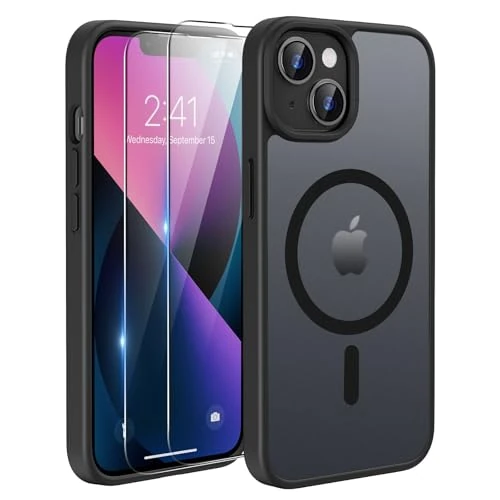 Offerta a tempo: TQIAHF Magnetica Cover per iPhone 13 / iPhone 14 con 2 Pellicola Vetro Temperato Protezione Schermo Compatibile con Magsafe Case Militare Antiurto Sottile Opaca Telefono Custodia,Nero - 5% da 7.99 € a 7.59 €