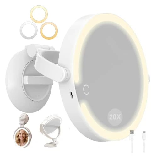Offerta a tempo: SURFOU Specchio Trucco Ingranditore 1/20X con Luce LED a 3 Colori - Ventosa Forte e Orientabile 360° - Luminosità Regolabile e Ricaricabile - per Maquillaggio Dettagliato, Bagno, Casa e Viaggio - 19% da 29.99 € a 24.43 €