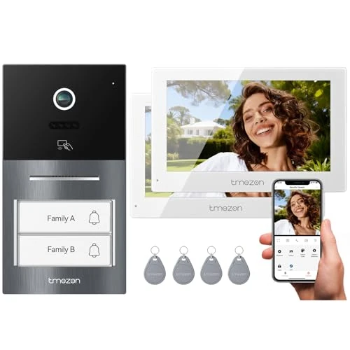 TMEZON Y70 2 Wire Wired Video Intercom with IP Touch Screen Monitor, Night Vision Camera, Remote Unlock App, Badges, Human Detection, 2 Families