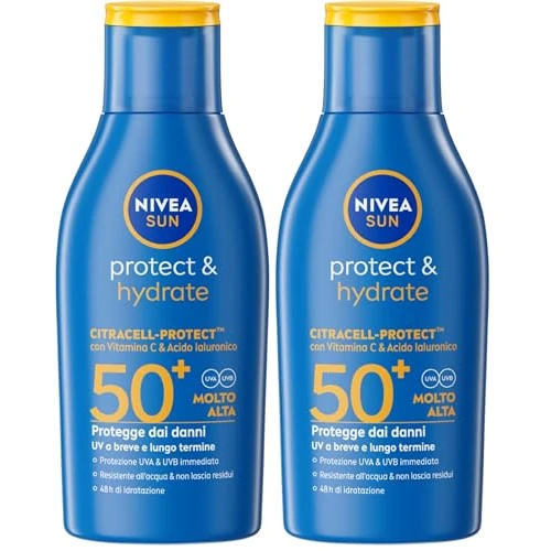 NIVEA SUN Protect & Hydrate SPF 50+ Formato Viaggio 100 ml, Crema solare 50+ idratante 48h ad assorbimento rapido, Protezione solare 50+ resistente all'acqua con Vitamina C e Acido Ialuronico