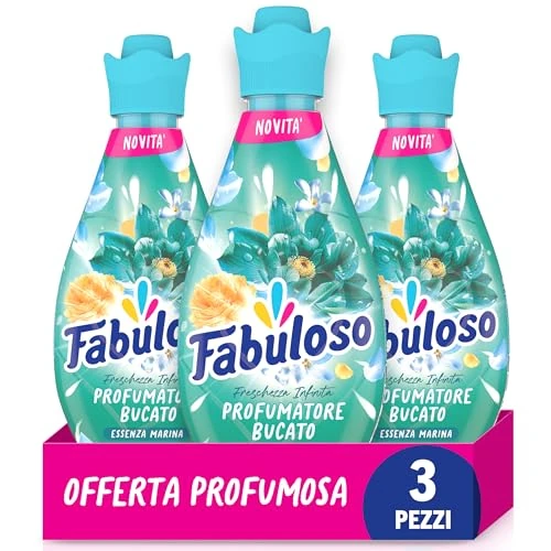 Offerta a tempo: Fabuloso Profumo Liquido per Bucato Freschezza Infinita Essenza Marina 730 ml, 4 volte freschezza più duratura*, Freschezza da Mattino a Sera, Efficace nei cicli brevi e a freddo (Confezione da 3) - 50% da 17.97 € a 8.97 €