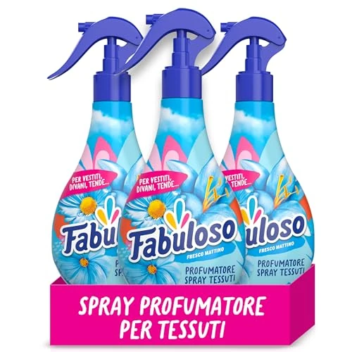 Offerta a tempo: Fabuloso Spray Profumatore per Tessuti Fresco Mattino 250 ml, Profumatore per Tessuti, Rinfresca i Capi, Spruzzo Sottile e Uniforme, Utilizzabile su Capi e Tessuti Bagnati (Confezione da 3) - 40% da 14.97 € a 8.97 €
