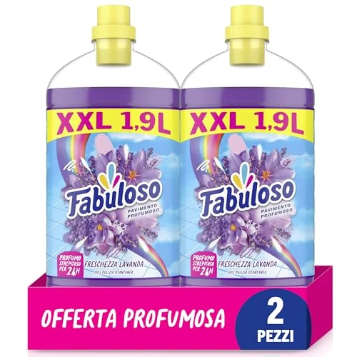 Offerta a tempo: Fabuloso Detersivo Pavimenti Lavanda 1,9L | Detergente Multiuso | 100% Pulizia Istantanea | Profumo per 24 ore | Formula Biodegradabile al 98% | 99% Ingredienti di Origine Naturale (Confezione da 2) - 53% da 9.98 € a 4.69 €