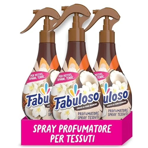 Offerta a tempo: Fabuloso Spray Profumatore per Tessuti Cocco e Fiori Bianchi 250 ml, Profumatore per Tessuti, Rinfresca i Capi, Spruzzo Sottile e Uniforme, Utilizzabile su Capi e Tessuti Bagnati (Confezione da 3) - 53% da 14.97 € a 6.99 €
