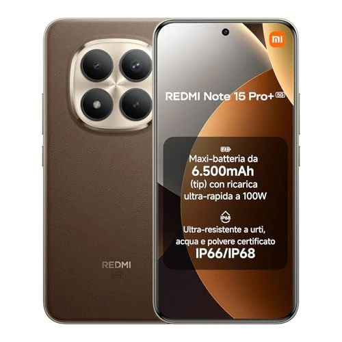 XIAOMI Redmi Note 15 Pro+ 5G, Smartphone 8+256GB, Batteria massiccia da 6500 mAh, IP66/IP68, Nuova fotocamera 200 MP, Display AMOLED da 6,83", Marrone Mocha, Garanzia 2 anni, Caricatore non incluso